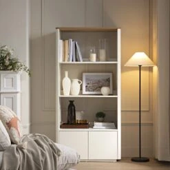 Agnes Curved Edge Bookcase, Off White With Oak Top