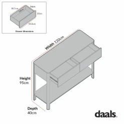 Agnes Curved Edge 2 Drawer Console Table, Dove Grey With Oak Top -Daals BSD 152 CHART