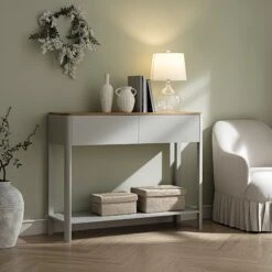Agnes Curved Edge 2 Drawer Console Table, Dove Grey With Oak Top
