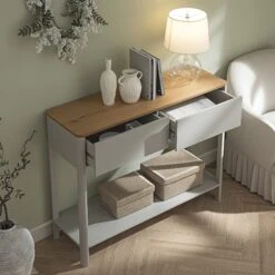 Agnes Curved Edge 2 Drawer Console Table, Dove Grey With Oak Top -Daals BSD 152 DOVEGREY scene2