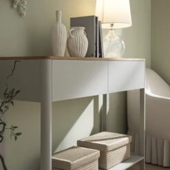 Agnes Curved Edge 2 Drawer Console Table, Dove Grey With Oak Top -Daals BSD 152 DOVEGREY scene3