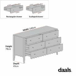 Henley Scalloped Edge 6 Drawer 140cm Wide Chest, Light Sand -Daals BSD 154 CHART