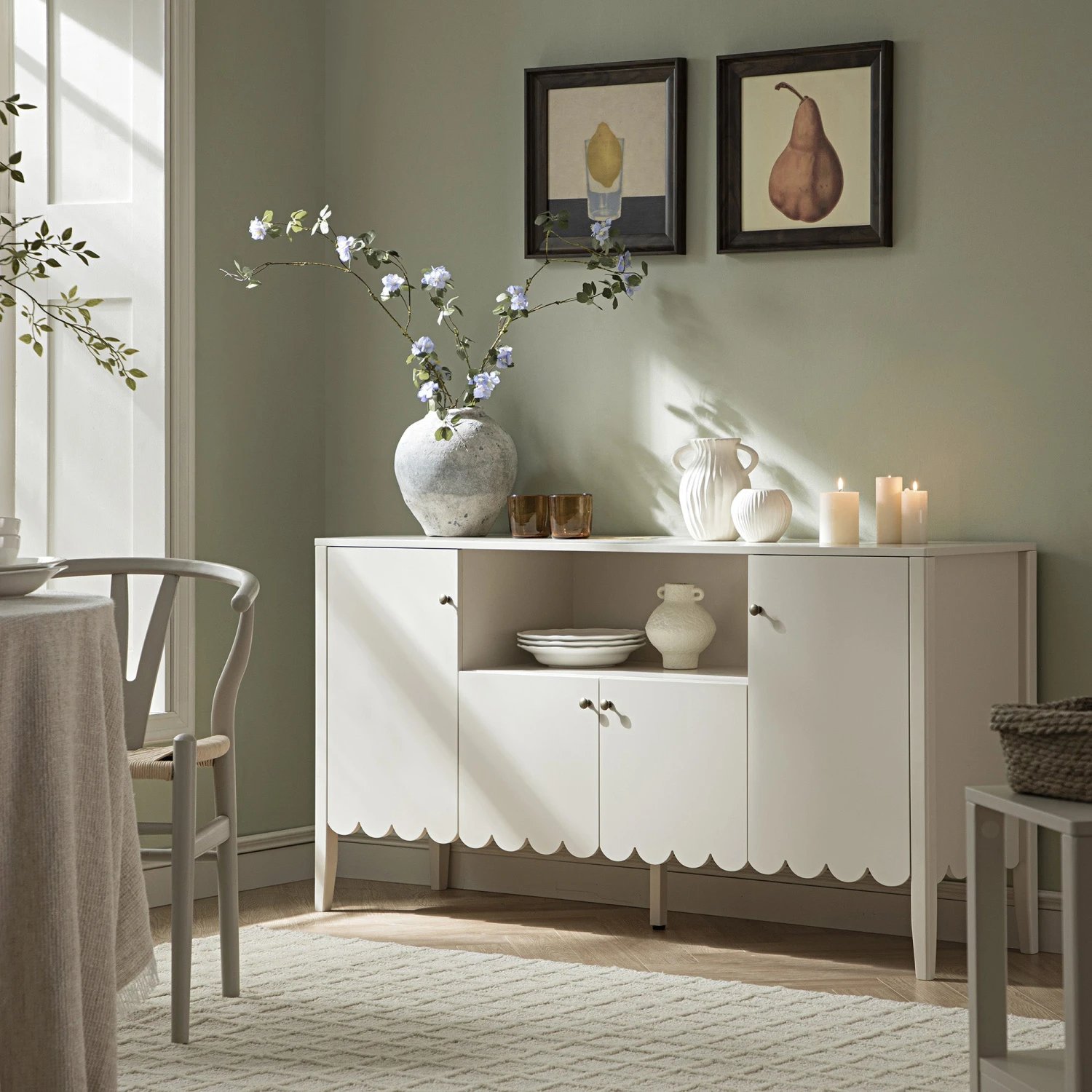 Henley Scalloped Edge 150cm Wide Sideboard With Open Shelf, Light Sand 2 Henley Scalloped Edge 150cm Wide Sideboard With Open Shelf, Light Sand - Image 2