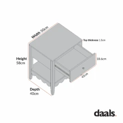 Henley Scalloped Edge Bedside Table With Drawer, Light Sand -Daals BSD 160 CHART 2