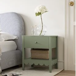 Henley Scalloped Edge Bedside Table With Drawer, Sage Green