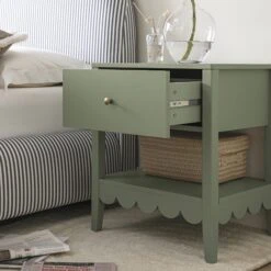 Henley Scalloped Edge Bedside Table With Drawer, Sage Green -Daals BSD 160 SAGE scene2