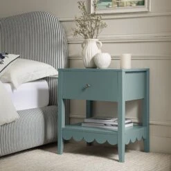 Henley Scalloped Edge Bedside Table With Drawer, Blue Spruce