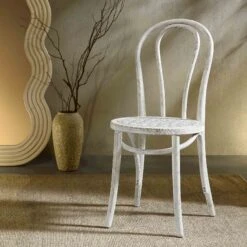 Camille Elm Wood And Rattan Bentwood Dining Chair, Distressed White