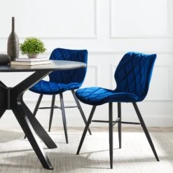 Set Of 2 Ampney Velvet Diamond Stitch Dining Chairs With Metal Legs (Blue Velvet)
