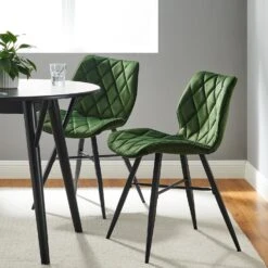 Set Of 2 Ampney Velvet Diamond Stitch Dining Chairs With Metal Legs (Green Velvet)