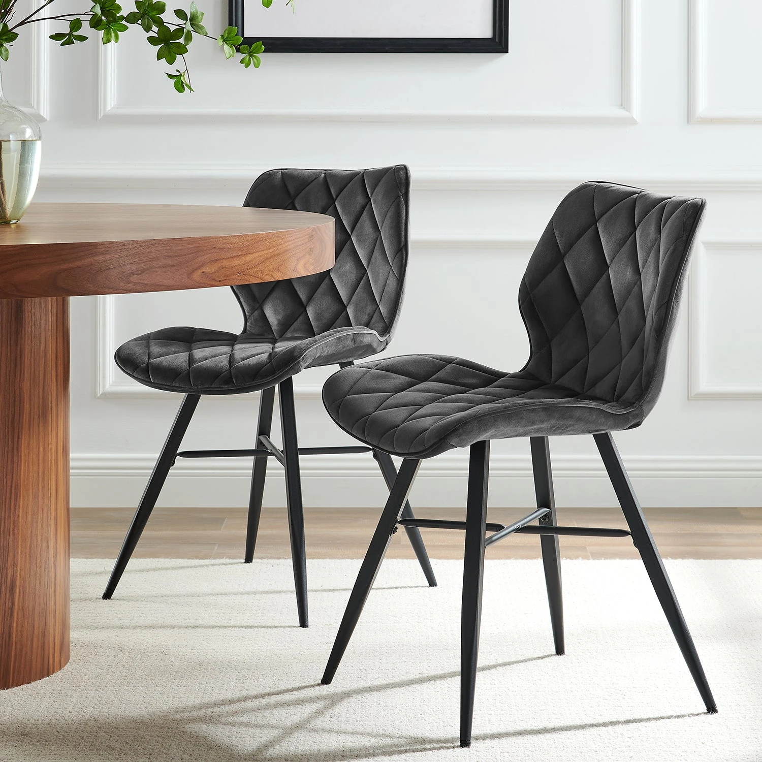 Set Of 2 Ampney Velvet Diamond Stitch Dining Chairs With Metal Legs (Dark Grey Velvet) 1 Set Of 2 Ampney Velvet Diamond Stitch Dining Chairs With Metal Legs (Dark Grey Velvet)
