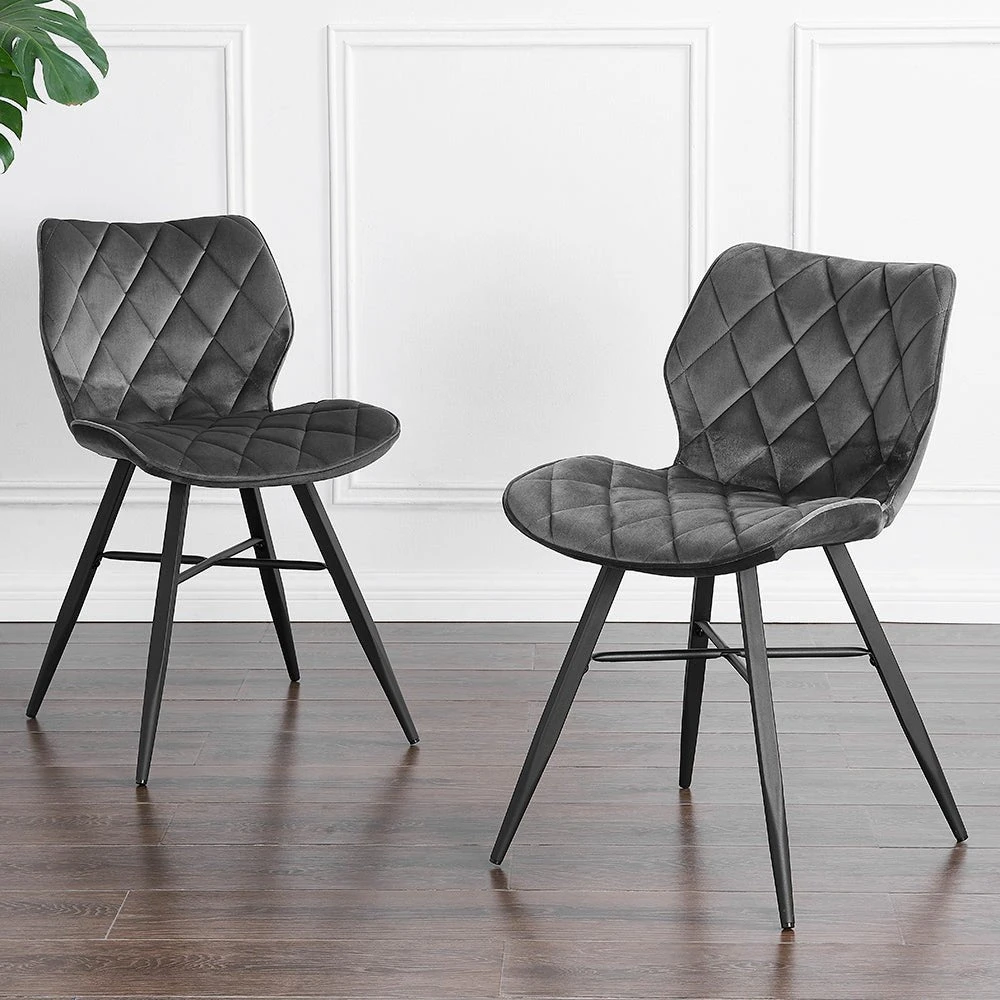 Set Of 2 Ampney Velvet Diamond Stitch Dining Chairs With Metal Legs (Dark Grey Velvet) 2 Set Of 2 Ampney Velvet Diamond Stitch Dining Chairs With Metal Legs (Dark Grey Velvet) - Image 2