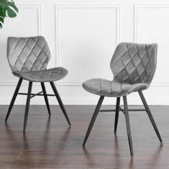 Set Of 2 Ampney Diamond Stitch Light Grey Velvet Dining Chair Set Of 2 With Metal Legs