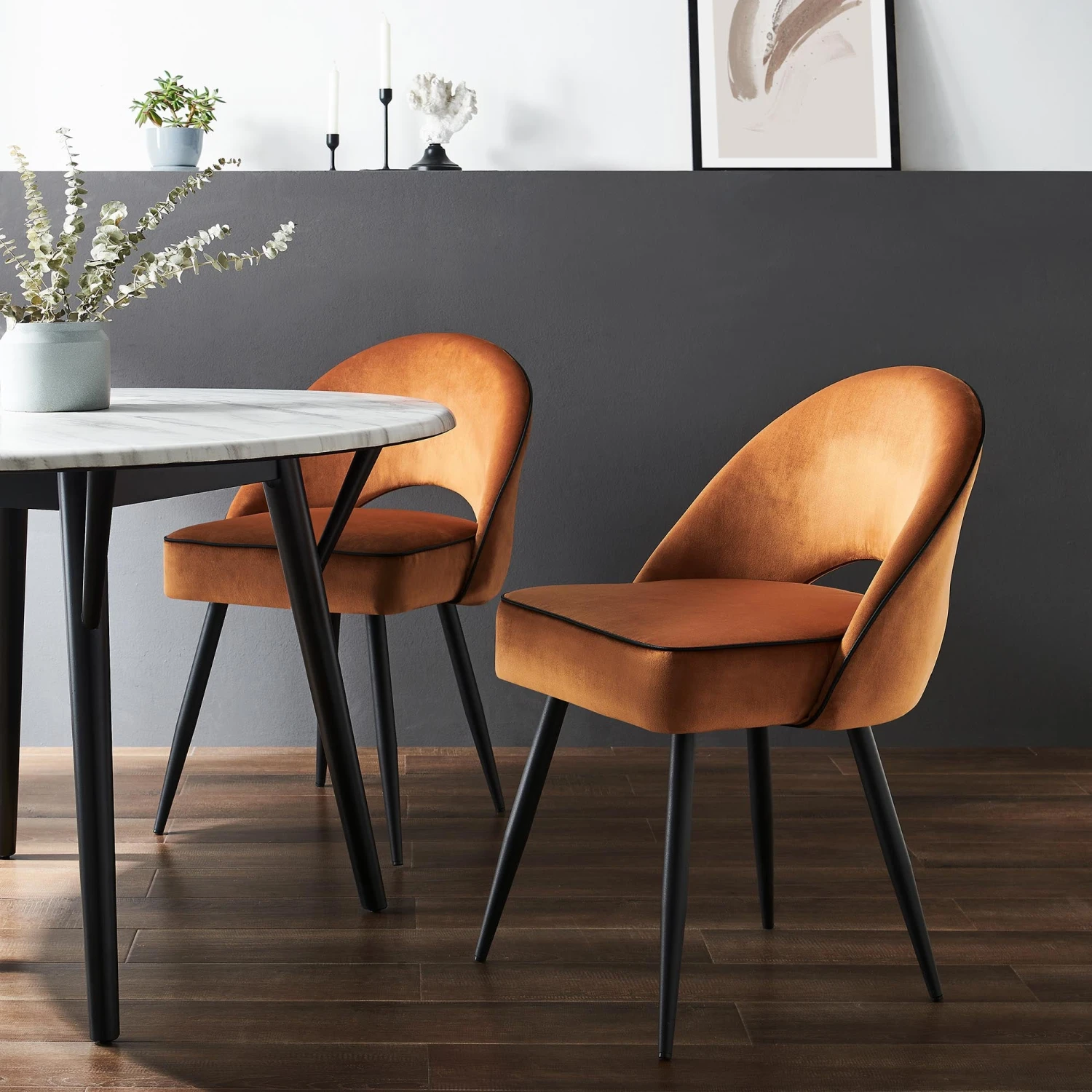 Oakley Set Of 2 Orange Velvet Upholstered Dining Chairs With Contrast Piping 1 Oakley Set Of 2 Orange Velvet Upholstered Dining Chairs With Contrast Piping