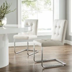Keyston Set Of 2 Cream White PU Leather Upholstered Dining Chairs With Chrome Legs