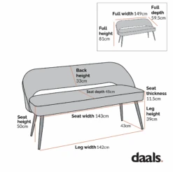 Oakley Dark Green Velvet Upholstered 3 Seater Dining Bench With Contrast Piping -Daals DCH 2147 CHART 1