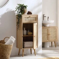 Frances Woven Rattan 1-Door Bathroom Cabinet, Natural -Daals FT BAC 01 NAT scene2