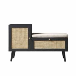 Frances Woven Rattan Storage Bench With Cushion, Black -Daals FT BENCH 01 BLACK WB1