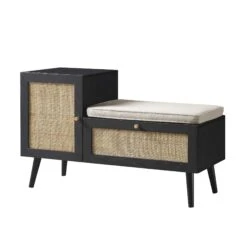 Frances Woven Rattan Storage Bench With Cushion, Black -Daals FT BENCH 01 BLACK WB2