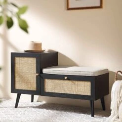 Frances Woven Rattan Storage Bench With Cushion, Black