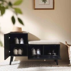 Frances Woven Rattan Storage Bench With Cushion, Black -Daals FT BENCH 01 BLACK scene2