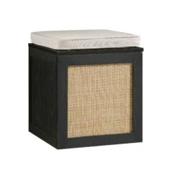 Frances Woven Rattan Single Storage Stool With Cushion, Black -Daals FT BENCH 02 BLACK WB2