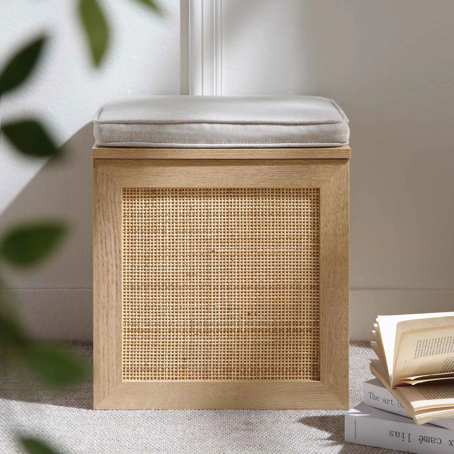 Frances Woven Rattan Single Storage Stool With Cushion, Natural 1 Frances Woven Rattan Single Storage Stool With Cushion, Natural
