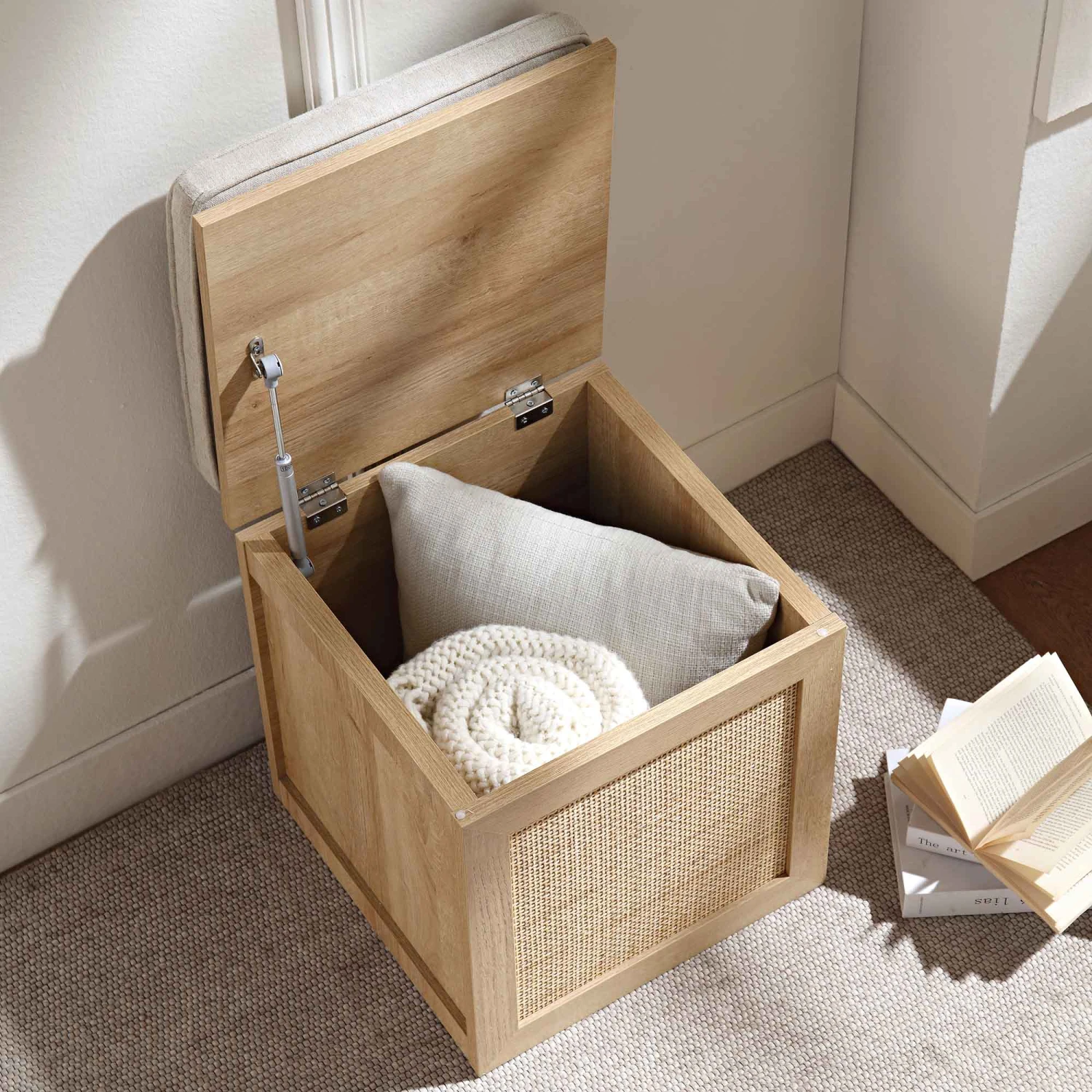 Frances Woven Rattan Single Storage Stool With Cushion, Natural 2 Frances Woven Rattan Single Storage Stool With Cushion, Natural - Image 2