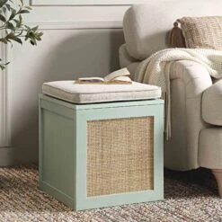 Frances Woven Rattan Single Storage Stool With Cushion, Mint