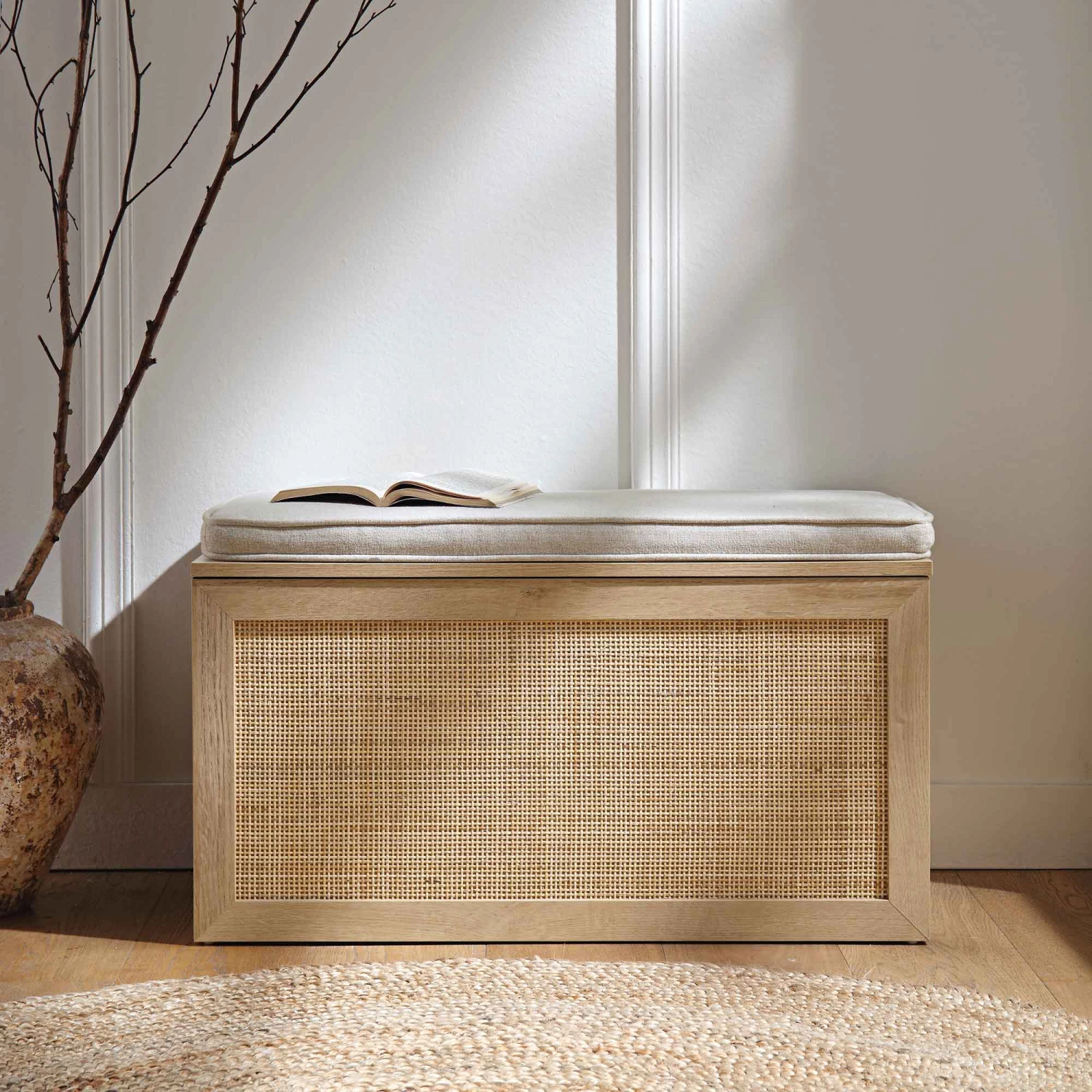 Frances Woven Rattan Double Storage Stool With Cushion, Natural 2 Frances Woven Rattan Double Storage Stool With Cushion, Natural - Image 2