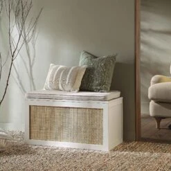 Frances Woven Rattan Double Storage Stool With Cushion, White