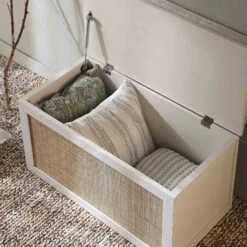 Frances Woven Rattan Double Storage Stool With Cushion, White 17 Frances Woven Rattan Double Storage Stool With Cushion, White -Daals FT BENCH 03 WHITE scene2