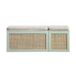 Frances Woven Rattan Triple Storage Stool Set With Cushion, Mint -Daals FT BENCH 04 COMBO SAGE WB1