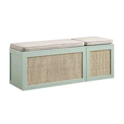 Frances Woven Rattan Triple Storage Stool Set With Cushion, Mint -Daals FT BENCH 04 COMBO SAGE WB2
