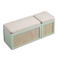 Frances Woven Rattan Triple Storage Stool Set With Cushion, Mint -Daals FT BENCH 04 COMBO SAGE WB4