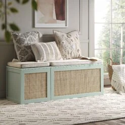 Frances Woven Rattan Triple Storage Stool Set With Cushion, Mint