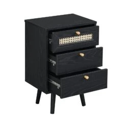 Anya Woven Rattan 3-Drawer Bedside Table In Black Colour -Daals FT BSD 002 BLACK WB3