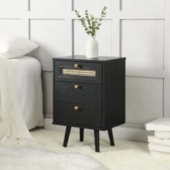 Anya Woven Rattan 3-Drawer Bedside Table In Black Colour