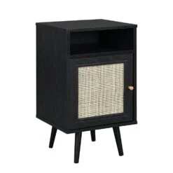 Frances Woven Rattan 1-Door Bedside Table In Black Colour -Daals FT BST 001 BLACK WB1