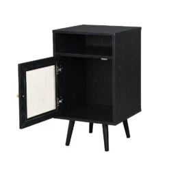 Frances Woven Rattan 1-Door Bedside Table In Black Colour -Daals FT BST 001 BLACK WB4