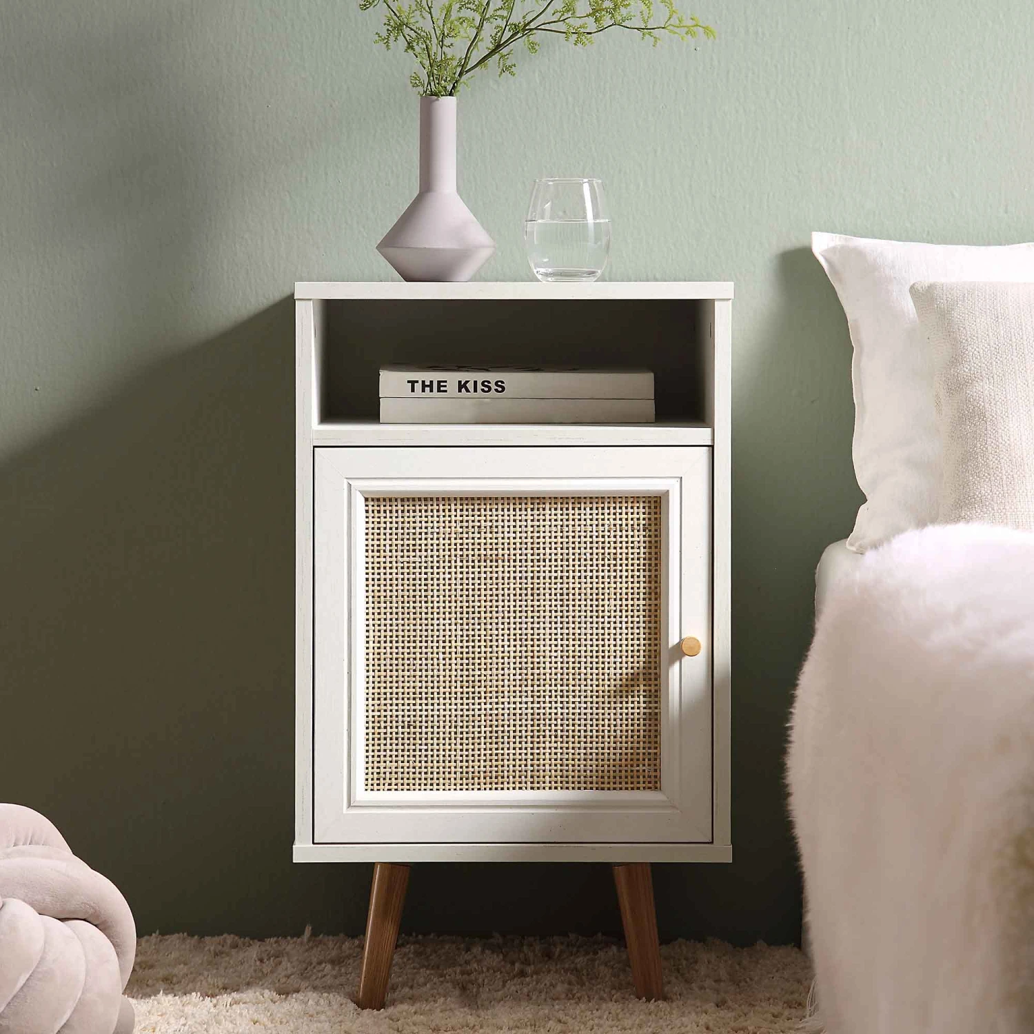 Frances Woven Rattan 1-Door Bedside Table In White 2 Frances Woven Rattan 1-Door Bedside Table In White - Image 2