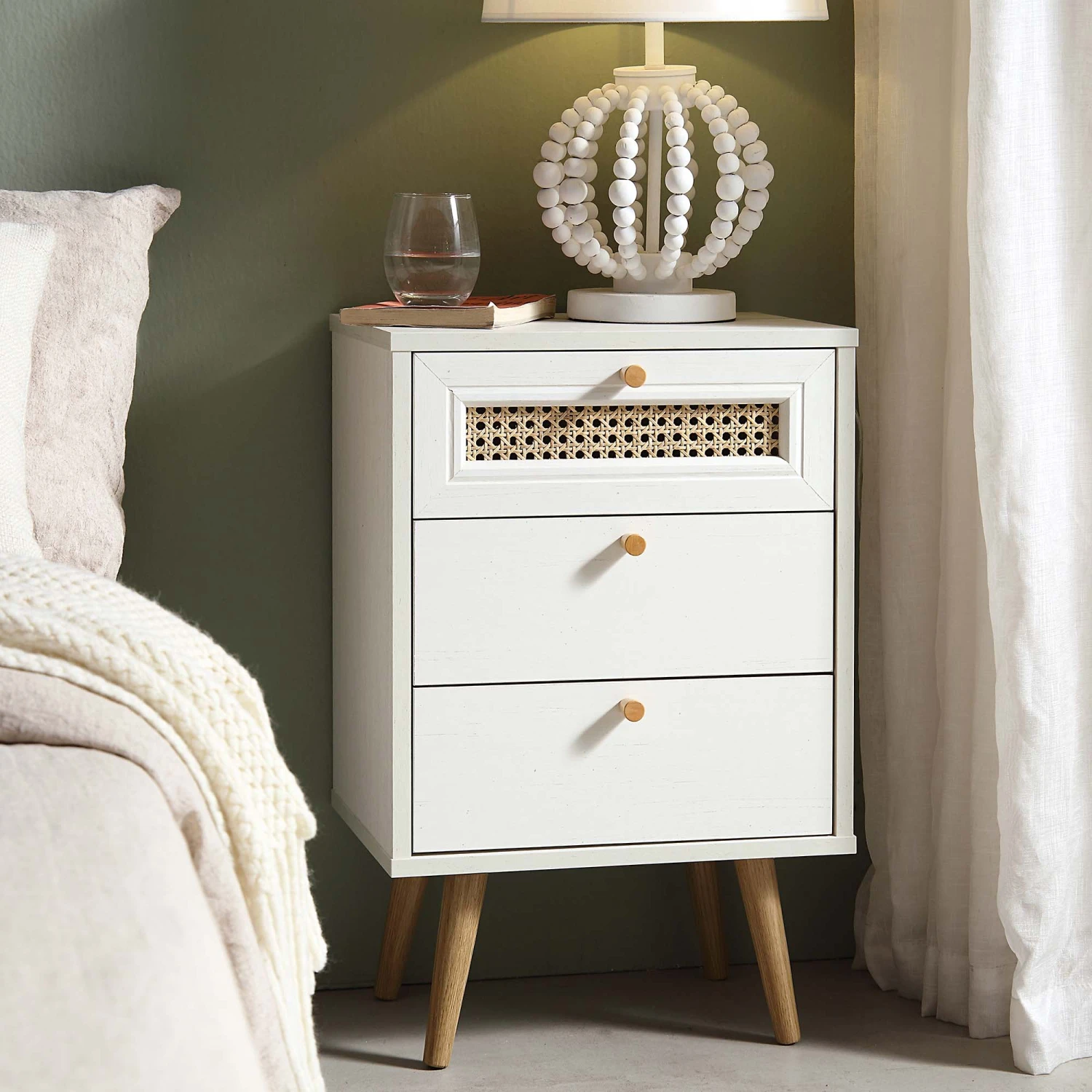 Anya Woven Rattan 3-Drawer Bedside Table In White 1 Anya Woven Rattan 3-Drawer Bedside Table In White