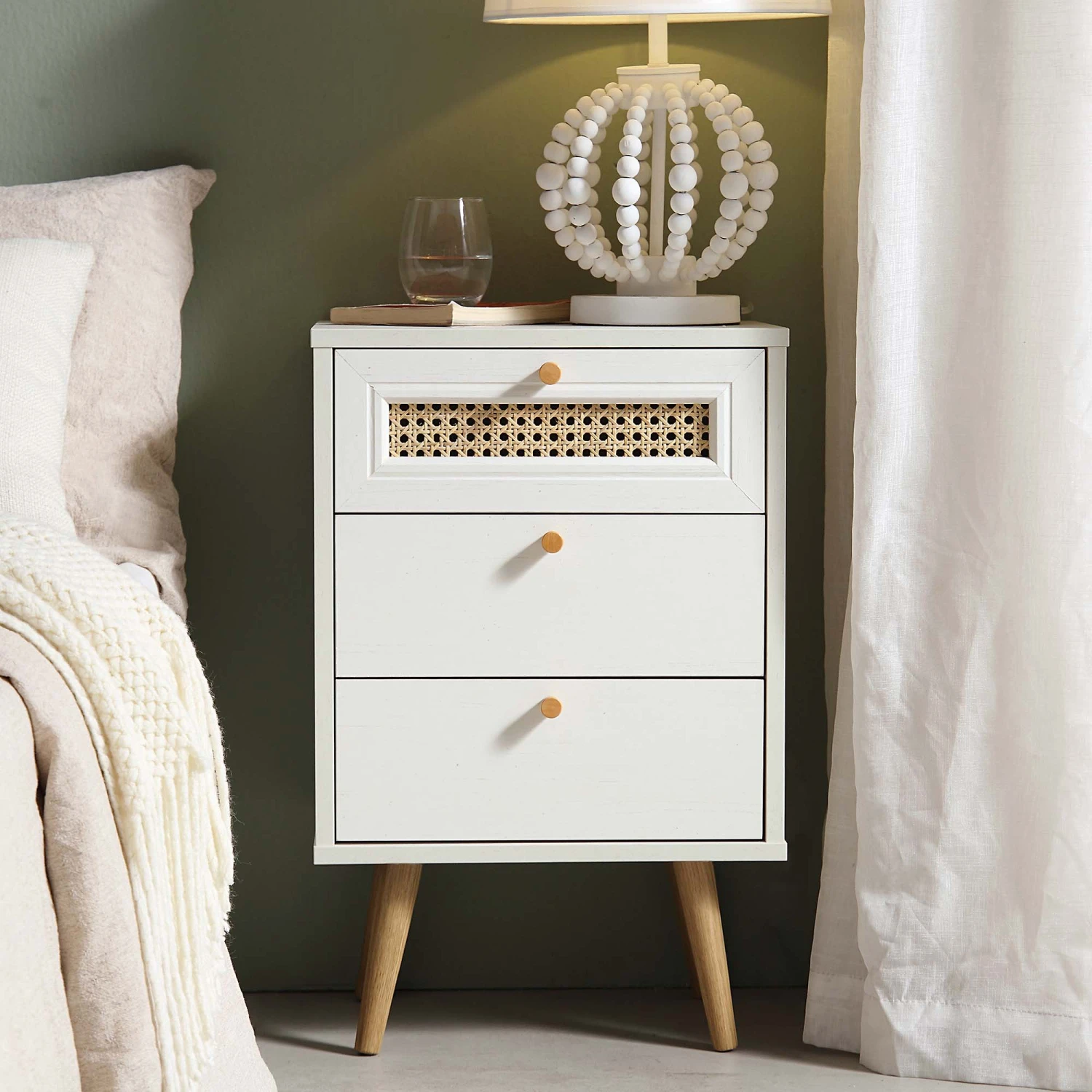 Anya Woven Rattan 3-Drawer Bedside Table In White 2 Anya Woven Rattan 3-Drawer Bedside Table In White - Image 2