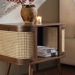 Izzy Curved Rattan Bedside Table, Walnut -Daals FT BST 04 WALN scene2