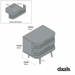 Izzy Curved Rattan 2-Drawer Bedside Table, Natural -Daals FT BST 05 CHART 1