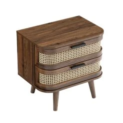 Izzy Curved Rattan 2-Drawer Bedside Table, Walnut -Daals FT BST 05 WALN WB4