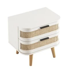 Izzy Curved Rattan 2-Drawer Bedside Table, White -Daals FT BST 05 WHITE WB4