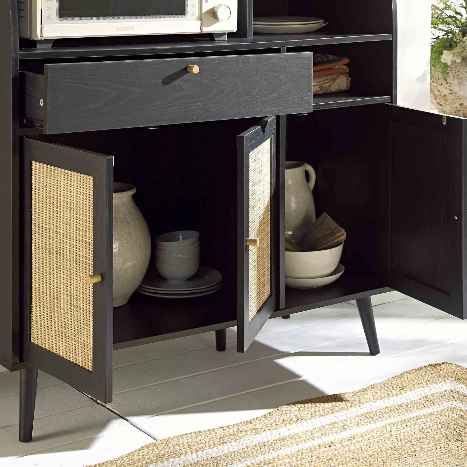 Frances Woven Rattan Kitchen Cabinet, Black 3 Frances Woven Rattan Kitchen Cabinet, Black - Image 3