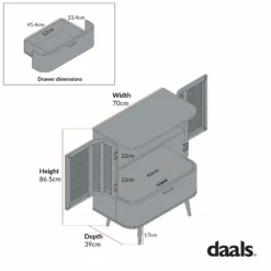 Izzy Curved Rattan 1-Drawer Small Sideboard, White -Daals FT CAB 05 CHART 2
