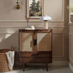 Izzy Curved Rattan 1-Drawer Small Sideboard, Walnut